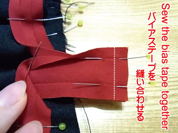 Bias tape ends left 1 cm for joining at the side seam