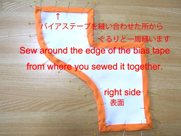 Starting to sew from the joined bias tape