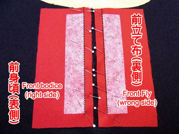 Aligning and pinning the front fly fabric to the body