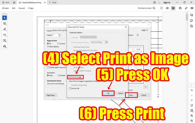 Image of how to set up printing of pattern using Adobereader